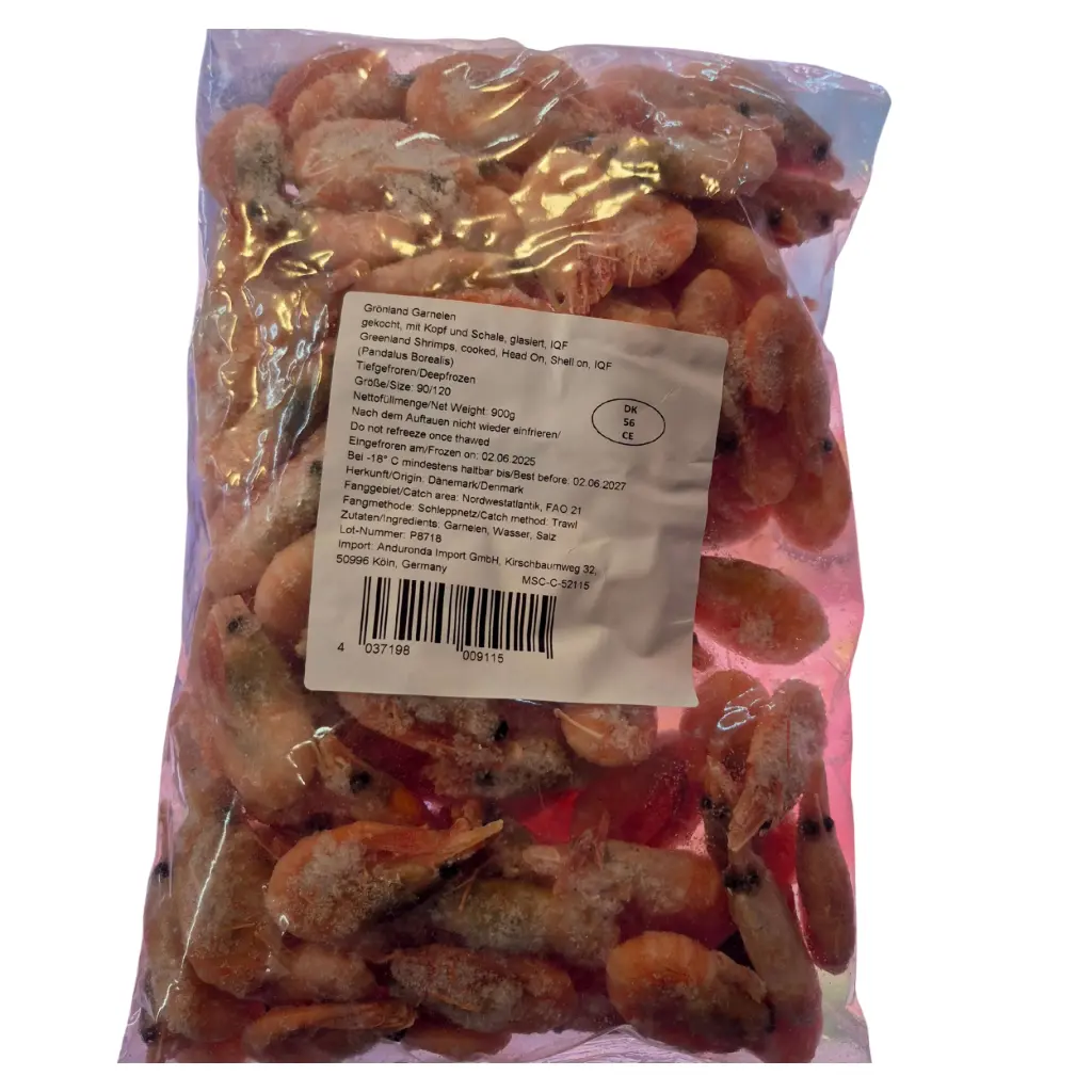 Grönland Garnelen gekocht, mit Kopf und Schale, glasiert, IQF (Pandalus Borealis)